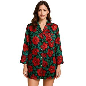 Vintage Victorias Secret Floral Satin Button-Down Nightshirt M Red & Green Hibis